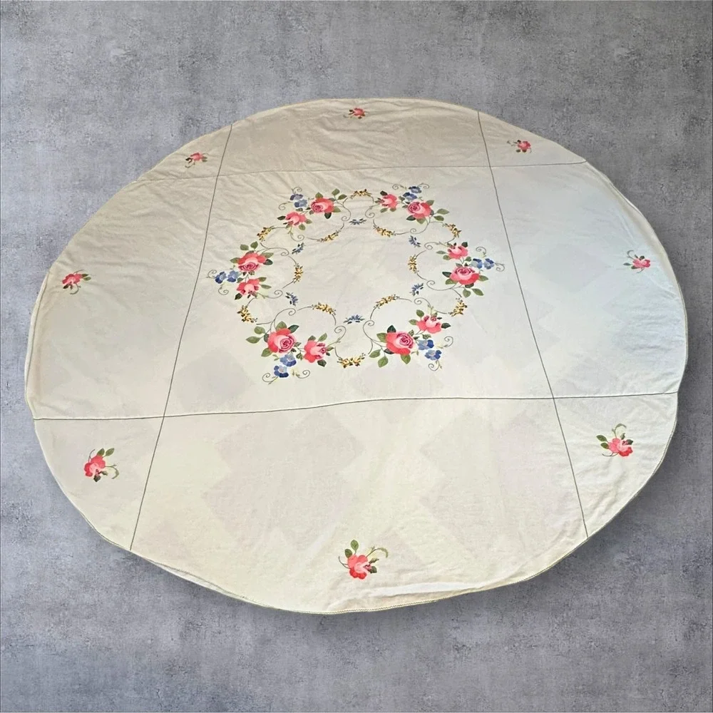 Vintage Applique Embroidered Round‎ Tablecloth Roses Floral Cotton 65x63